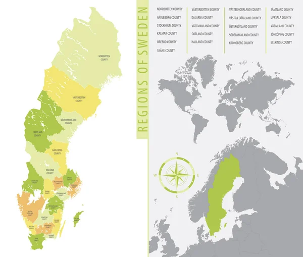Подробная Карта Административных Делений Швеции Отображающая Страну Расположения Карте Европы — стоковый вектор