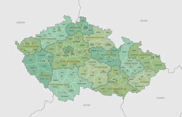 Detaillierte Karte Der Tschechischen Republik Mit Administrativen Einteilungen Regionen Kraj — Stockvektor