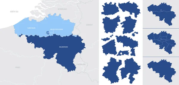 Detallado Vector Mapa Azul Bélgica Con Divisiones Administrativas Regiones País — Vector de stock