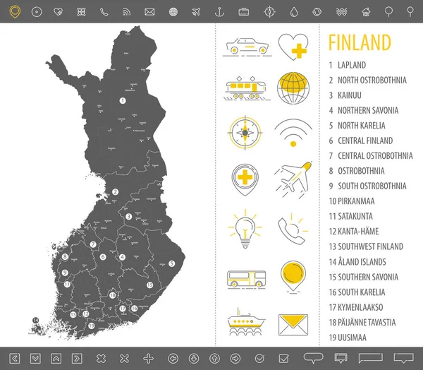 Детальная Монохромная Карта Финляндии Серая Территория Страны Географическими Границами Административными — стоковый вектор