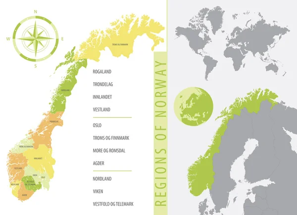Цветная Карта Норвегии Административным Делением Детальная Векторная Иллюстрация — стоковый вектор