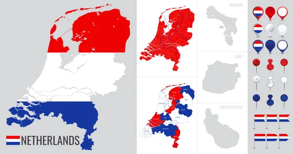 Mapa Wektorów Holandii Flagą Kulą Ziemską Ikonami Białym Tle — Wektor stockowy