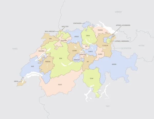 Λεπτομερής Χάρτης Θέσης Της Ελβετίας Στην Ευρώπη Διοικητικές Διαιρέσεις Της — Διανυσματικό Αρχείο