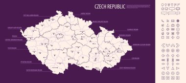 Detailed map of Czech Republic with administrative divisions on dark background, country big cities and icons set, vector illustration clipart