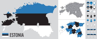 Beyaz arkaplanda bayrak, dünya ve simgelerle Estonya vektör haritası