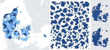 Ayrıntılı, vektör, mavi Danimarka haritası ve idari bölümler bölge ülkelerine