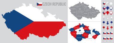 Beyaz arkaplanda bayrak, dünya ve simgelerle Çek Cumhuriyeti vektör haritası