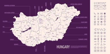 Macaristan 'ın karanlık arka planda idari bölümleri olan ayrıntılı haritası, ülke büyük şehirleri ve simgeleri, vektör illüstrasyonları