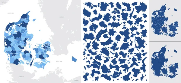 Detailed Vector Blue Map Denmark Administrative Divisions Regions Country — Stock Vector