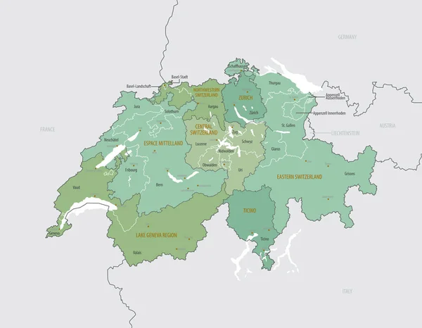 Bölgeler ve Kantonlar, ülkenin büyük şehirleri olmak üzere idari bölümlere sahip İsviçre 'nin ayrıntılı haritası, beyaz arka planda vektör illüstrasyonları
