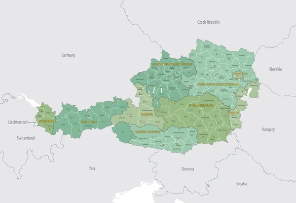 Detaillierte Karte Von Österreich Mit Administrativen Einteilungen Regionalstaaten Und Bezirke — Stockvektor