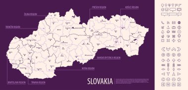 Slovakya 'nın karanlık arkaplan, ülke büyük şehirleri ve simgeleri üzerinde idari bölümleri bulunan ayrıntılı haritası, vektör illüstrasyonu