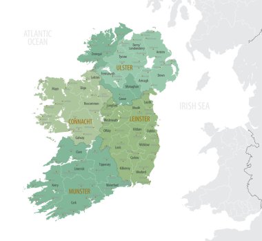 Detailed map of Ireland with administrative divisions into provinces and counties, major cities of the country, vector illustration onwhite background clipart