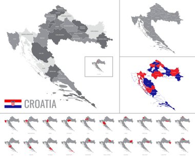 Hırvatistan 'ın bayraklı bölgelerinin ayrıntılı vektör haritası