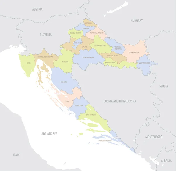 Детальна Карта Розташування Хорватії Європі Адміністративним Поділом Країни Векторна Ілюстрація — стоковий вектор