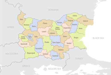 Bulgaristan 'ın Avrupa' daki idari bölümleri ve vektör illüstrasyonuyla ilgili ayrıntılı konum haritası