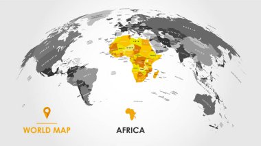 Sınırları, denizleri ve okyanusları, renkli Afrika kıtasını, vektör illüstrasyonunu içeren ayrıntılı küresel dünya haritası