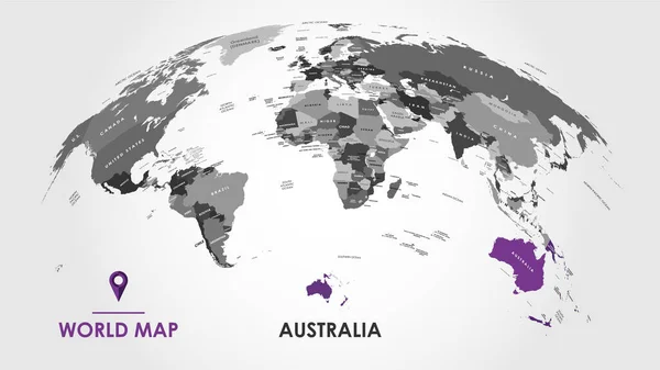 详细的全球地图 附有国家 海洋和大洋的边界和名称 澳大利亚大陆 矢量图解 — 图库矢量图片