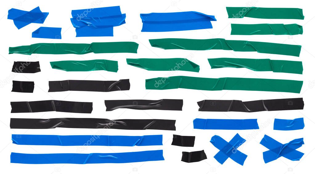 Set adhesive electrical tape various colors, torn pieces of duct tape of different sizes, insulating materials on white background