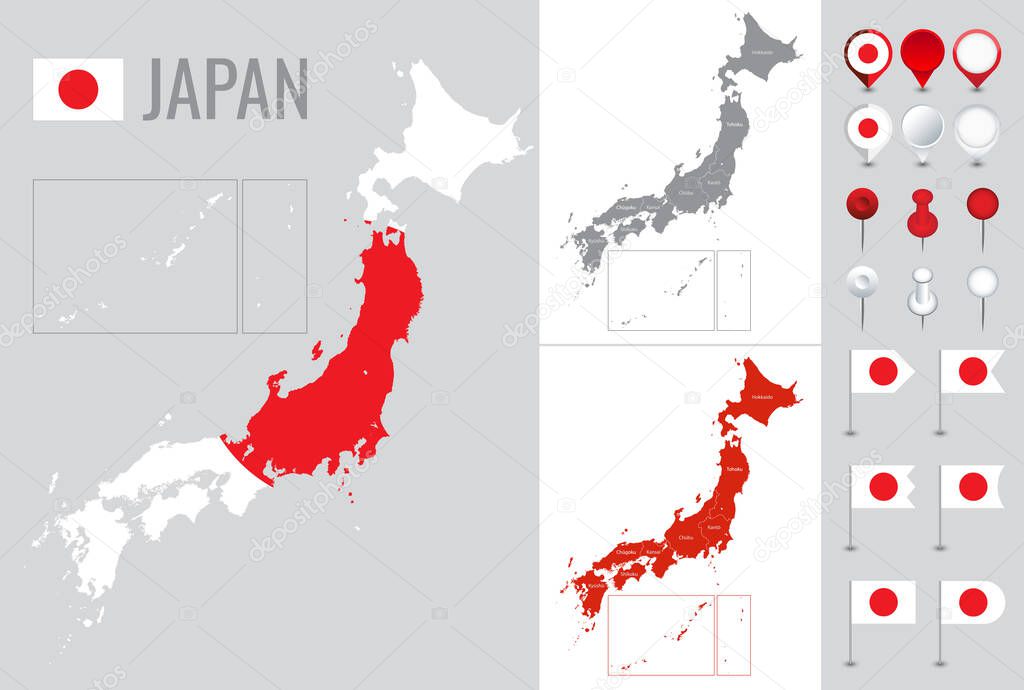 Japan vector map with flag, globe and icons on white background