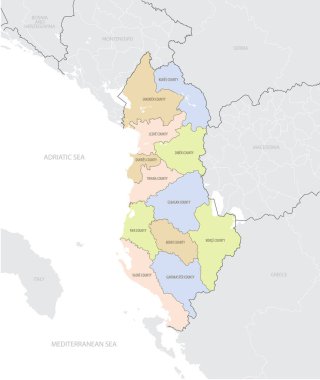 Arnavutluk 'un Avrupa' daki konumunun idari bölümler ülkesi ve vektör illüstrasyonuyla ayrıntılı haritası