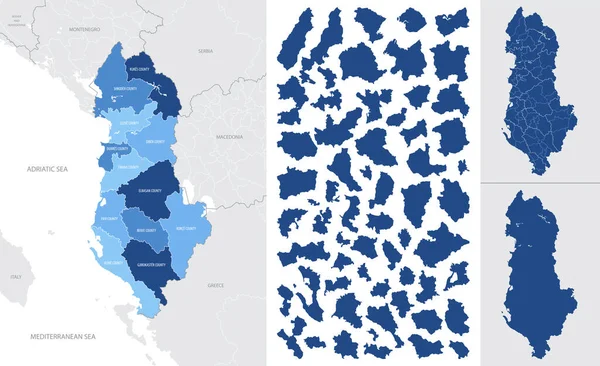 Детальная Векторная Синяя Карта Албании Административными Единицами Страны — стоковый вектор