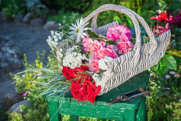 Hermosas flores en la cesta en el jardín de verano — Foto de Stock