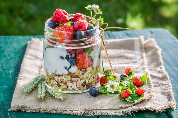 Tasty granola with yogurt and berry fruits in sunny day — Stock Photo, Image