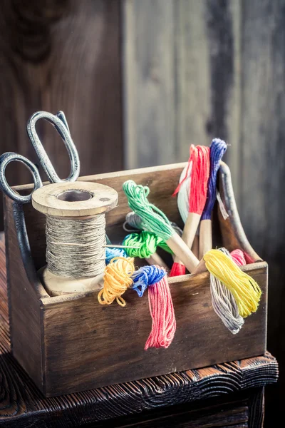 Threads, needle and scissors in tailor workshop — Stock Photo, Image