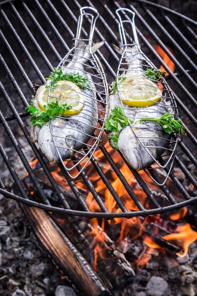 Sabroso pescado con hierbas y limón para asar — Foto de Stock