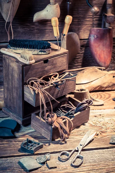 Εργαστήριο τσαγκάρη με βούρτσα και παπούτσια — Φωτογραφία Αρχείου