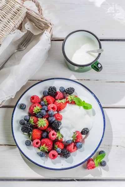 Frutos saudáveis com iogurte — Fotografia de Stock