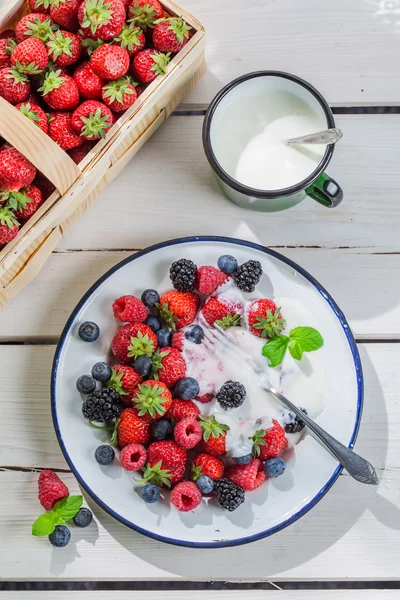 Färska bär frukt med grädde — Stockfoto