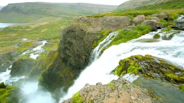 Big waterfall Dynjandi with river and valley in Iceland — Stock Video