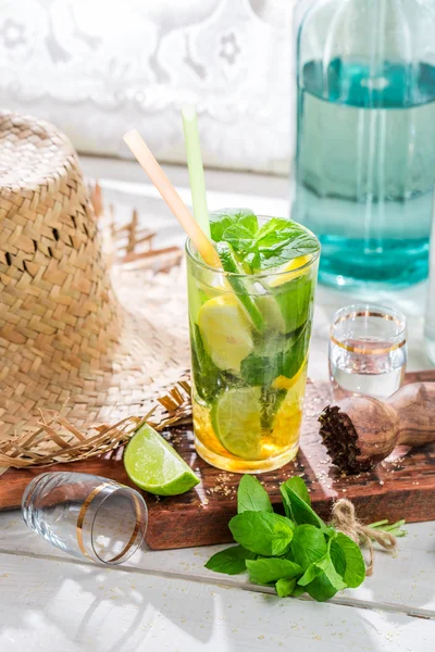 Sweet and fresh mohito with ingredients — Stock Photo, Image