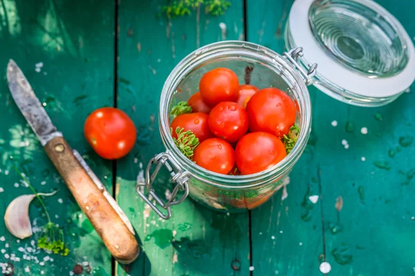 Pequenos tomates em conserva no jardim — Fotografia de Stock
