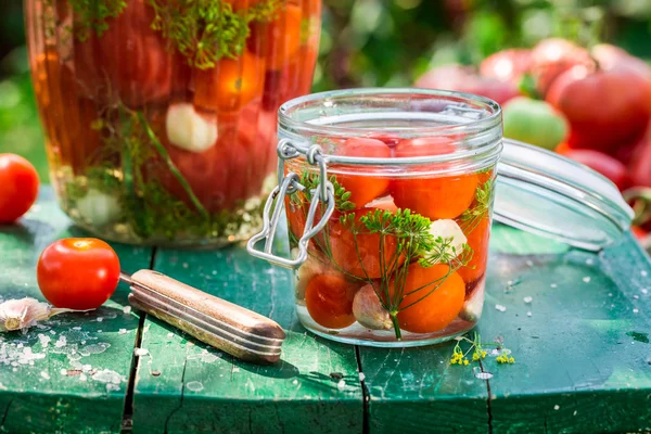 Klein potje tomaten tijdens het behoud — Stockfoto