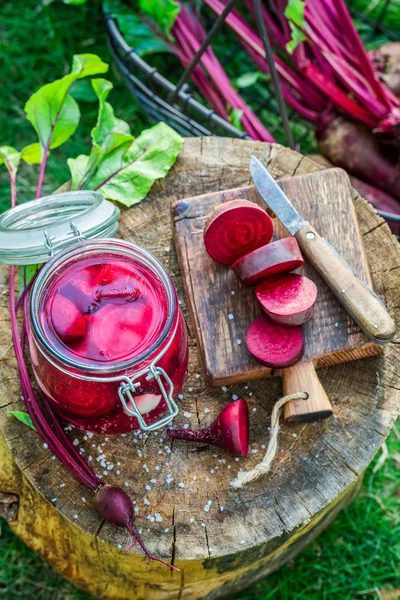 Preparation of the jar with pickled beetroots — Stock Photo, Image