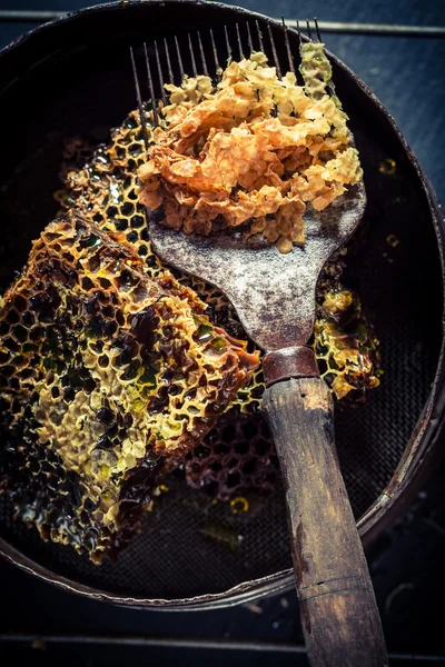 Инструменты пчеловода со свежим медом и сотами — стоковое фото