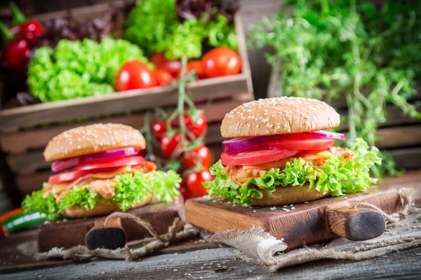 Zwei hausgemachte Burger mit Hühnchen — Stockfoto