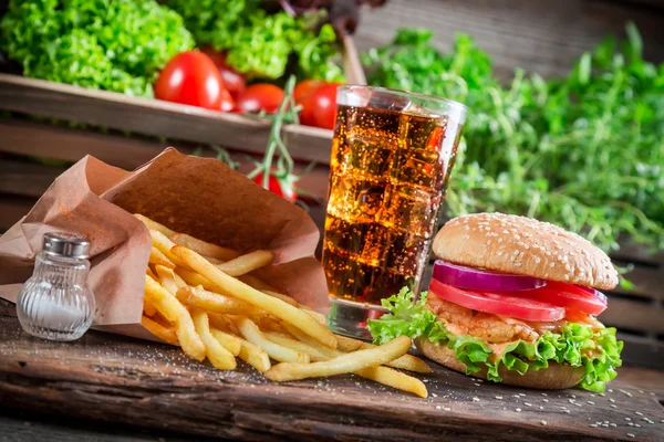 Homemade burger made of chicken, vegetables and fries — Stock Photo, Image
