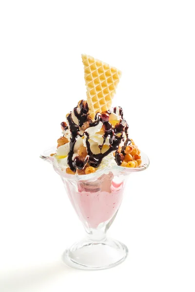 Chocolate ice cream with whipped cream on white background — Stock Photo, Image