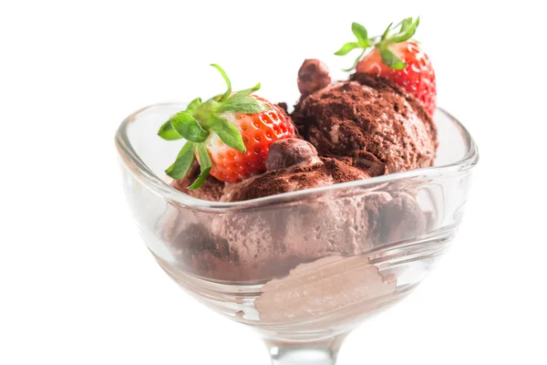 Chocolate ice cream with strawberry on white background — Stock Photo, Image