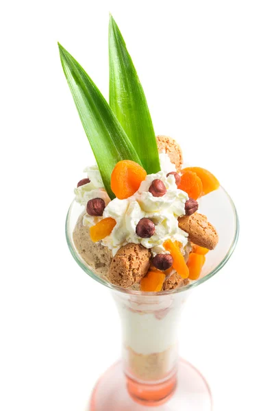 एक सफेद पृष्ठभूमि पर कुकीज़ और सूखे फल के साथ हेज़ेलनट आइसक्रीम — स्टॉक फ़ोटो, इमेज