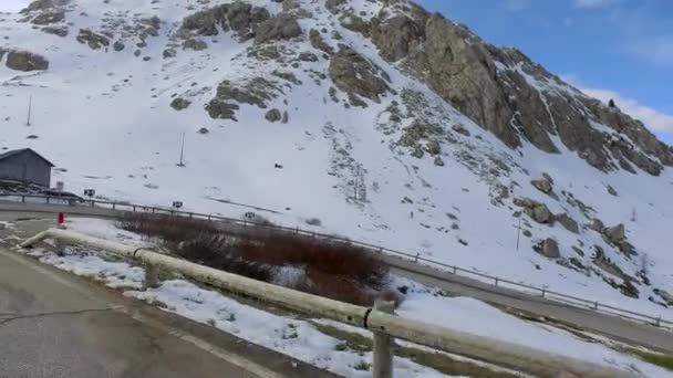 Conduciendo desde el pico Sass Pordoi en los Dolomitas con marmota corriendo por la carretera, Italia — Vídeo de stock