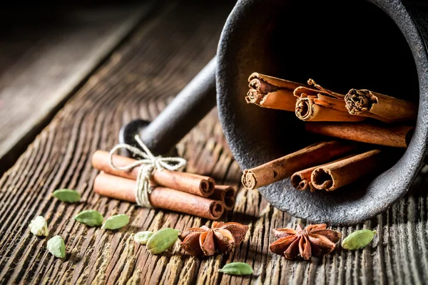 Mortar with cinnamon, cardamom and anise — Stock Photo, Image