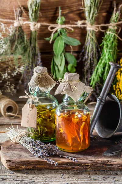 Therapeutic tincture with alcohol and fresh herbs — Stock Photo, Image