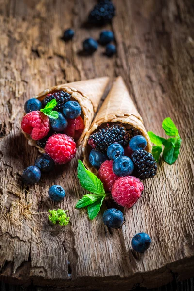 Helado casero con frutas de bayas en corteza de madera como concepto —  Fotos de Stock