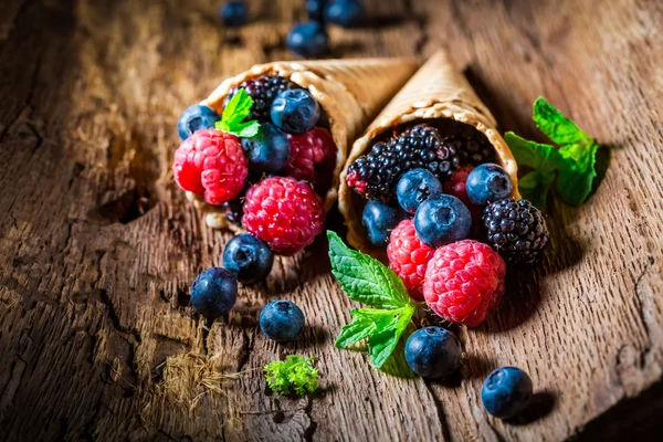 Fresh ice cream with berry fruits on wooden bark as concept — Stock Photo, Image