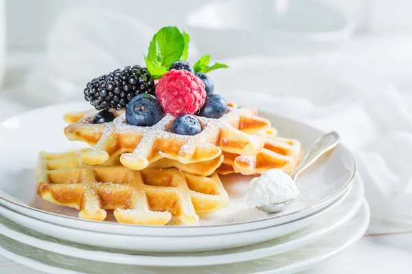 Färska våfflor med berry frukter till frukost — Stockfoto